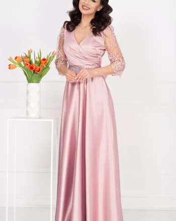 Rochie de seara lunga Giorgia roz din tafta cu maneci brodate