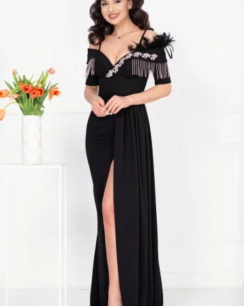 Rochie de seara eleganta Alizee neagra cu trena pe o parte si strassuri