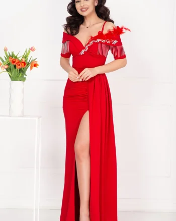 Rochie de seara eleganta Alizee rosie cu trena pe o parte si strassuri