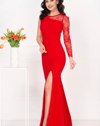 Rochie de seara rosie eleganta Jessie cu maneca din dantela