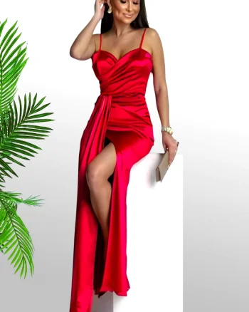 Rochie lunga satinata, OLyna, cu crapatura pe picior si fald, Rosu, Marime S/M