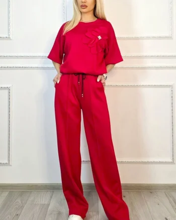Compleu casual, doua piese Solenne, cu detaliu floral si cristale, Rosu, Marime S/M/L