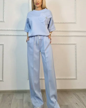 Compleu casual, doua piese Solenne, cu detaliu floral si cristale, Baby Blue, Marime S/M/L