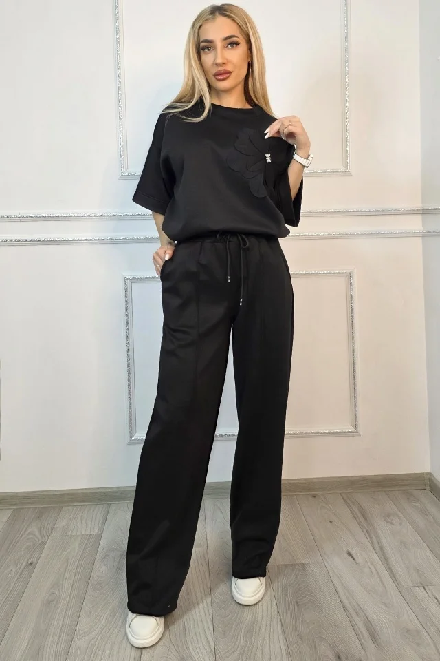 Compleu casual, doua piese Solenne, cu detaliu floral si cristale, Negru, Marime S/M/L