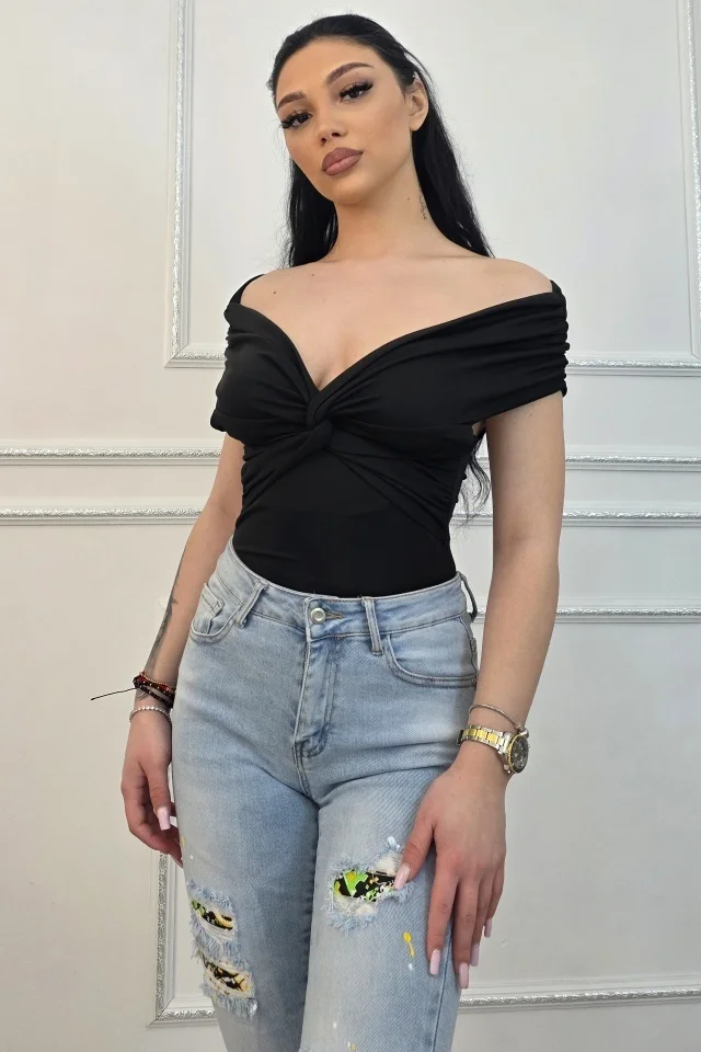 Body elegant Regalis, cu drapaj la umeri si nod fix, Negru