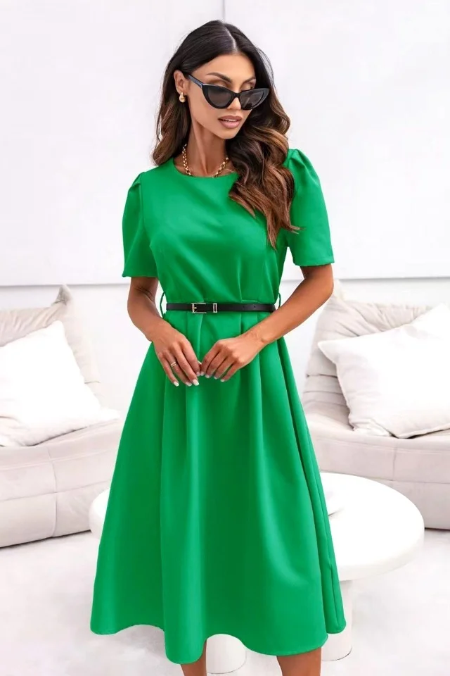 Rochie de zi ZALIA, cu maneca bufanta si curea subtire, Verde, Marimea S/M
