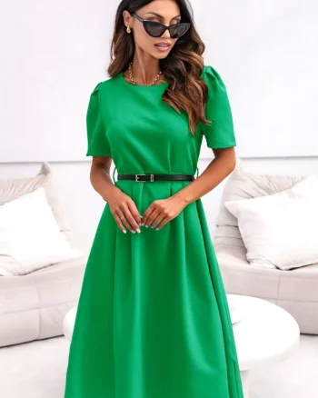Rochie de zi ZALIA, cu maneca bufanta si curea subtire, Verde, Marimea S/M