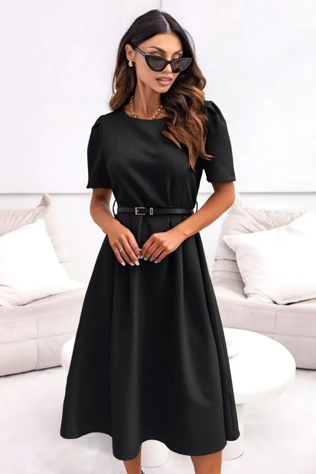 Rochie office ZALIA, croi bufant si curea subtire, Negru, Marimea S/M