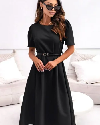 Rochie office ZALIA, croi bufant si curea subtire, Negru, Marimea S/M