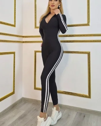 Salopeta lycra, bumbac ENERGY, cu dungi si fermoar, Negru/Alb