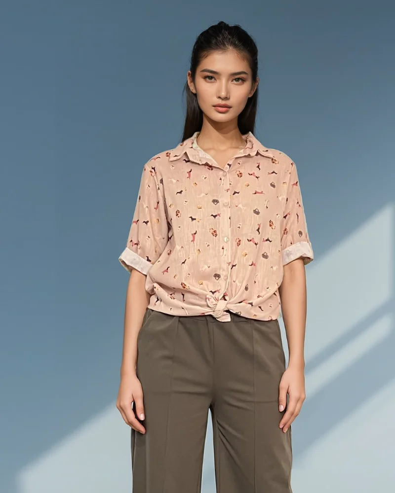 Cămașă cu legătură și print căței beige - Unica S-L