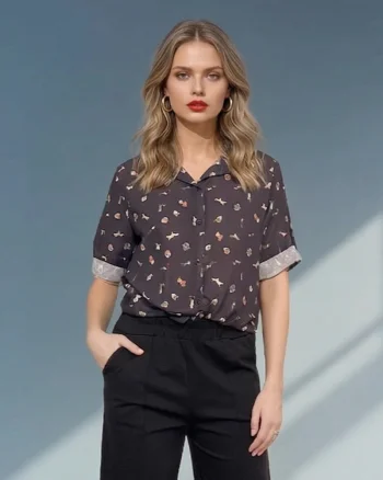 Cămașă cu legătură și print căței negru - Unica S-L