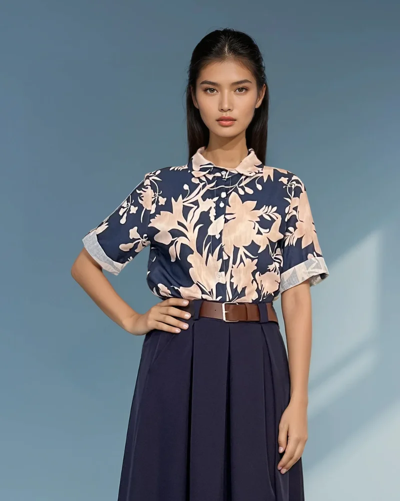 Cămașă mânecă scurtă cu print floral bleumarin - Unica S-L