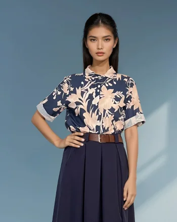 Cămașă mânecă scurtă cu print floral bleumarin - Unica S-L
