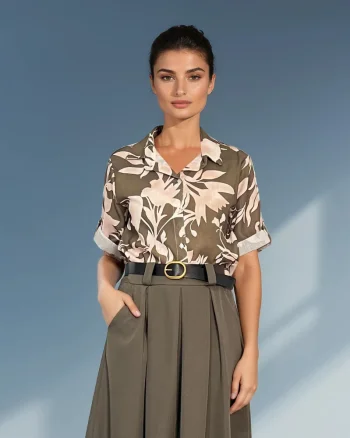 Cămașă mânecă scurtă cu print floral kaki - Unica S-L