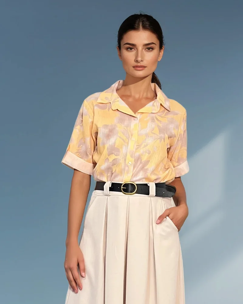 Cămașă mânecă scurtă cu print floral galben - Unica S-L