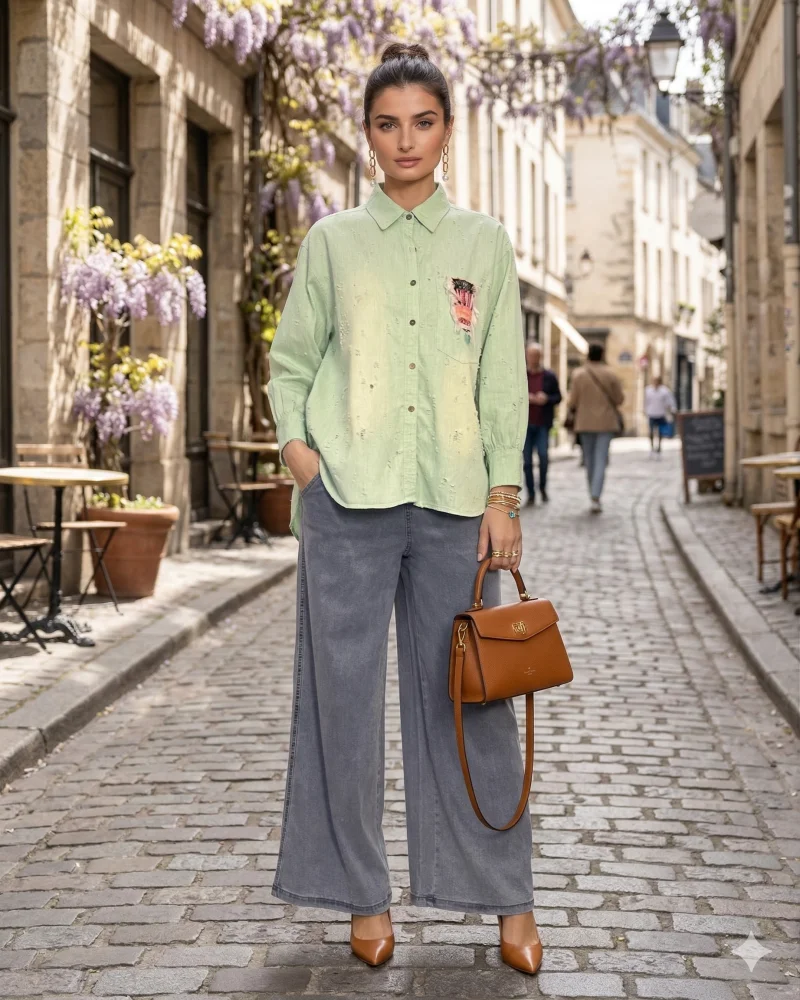 Cămașă damă stil jeans cu buzunar colorat aqua - Unica S-L