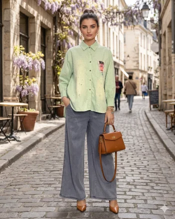 Cămașă damă stil jeans cu buzunar colorat aqua - Unica S-L