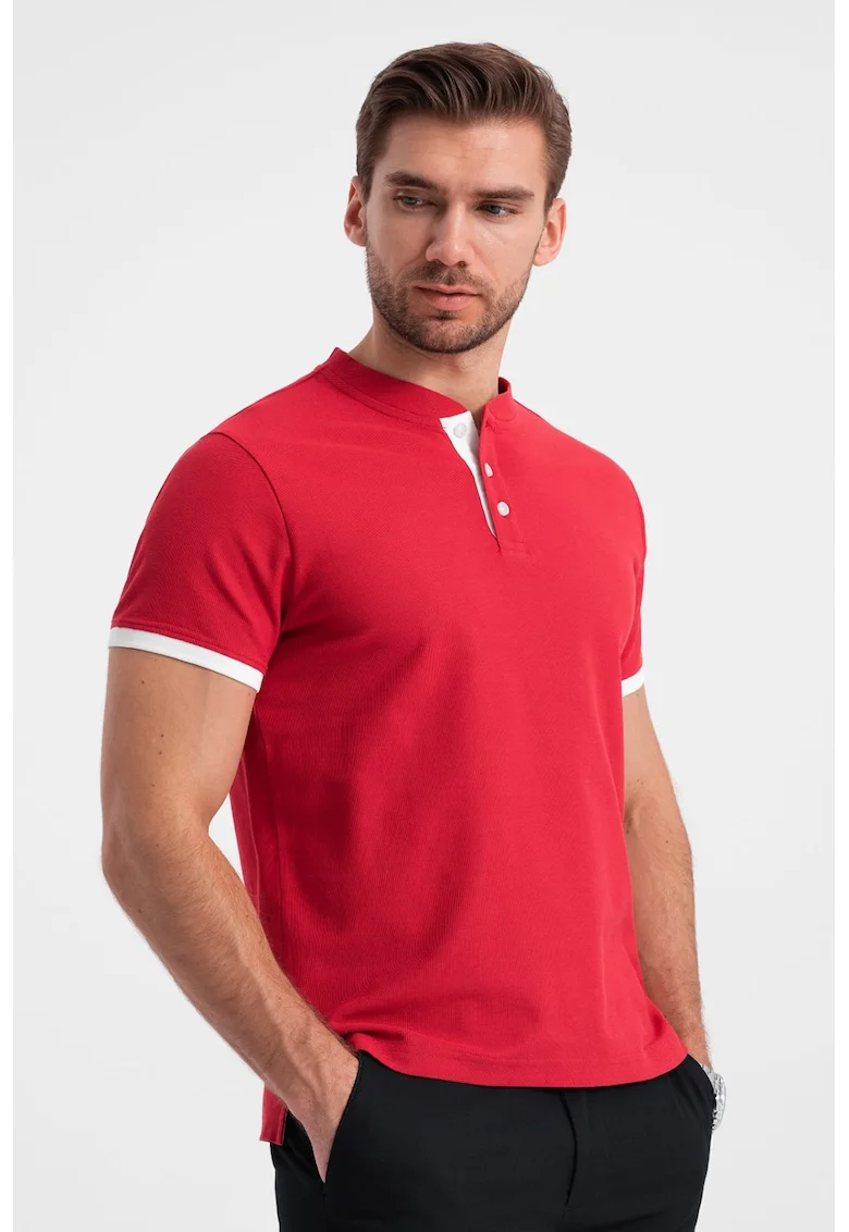 Tricou de bumbac cu fenta cu nasturi, Rosu