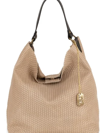Geanta hobo de piele cu aspect impletit Sebastiana, Maro deschis