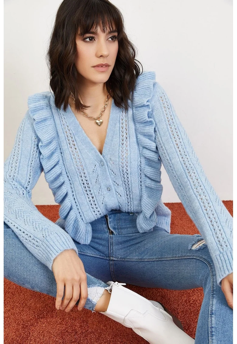 Cardigan dama,  jacquard, maneca lunga, albastru, tricot,