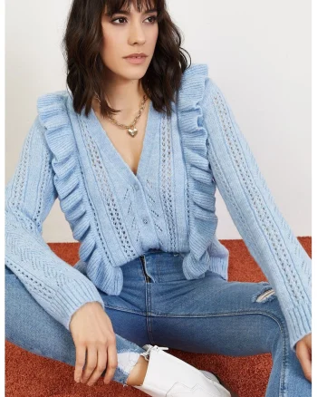 Cardigan dama,  jacquard, maneca lunga, albastru, tricot,