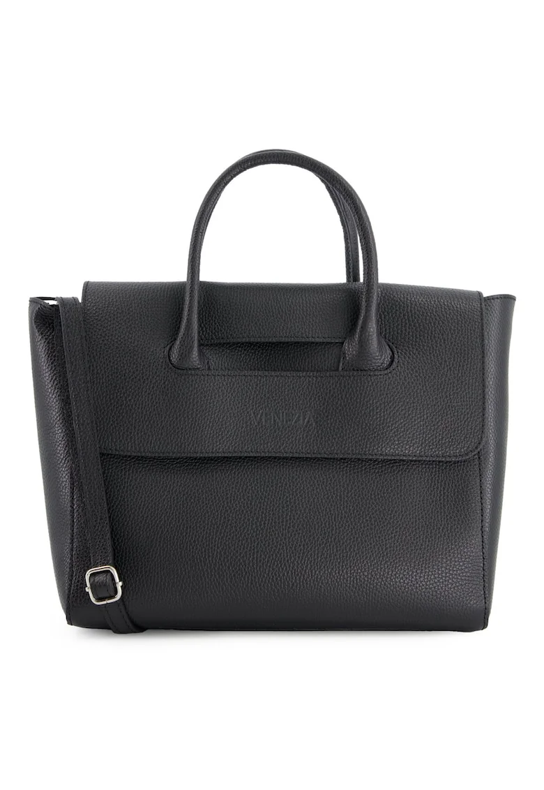 Geanta dama shopper,  piele naturala, neagra, 32x26x11cm, curea detasabila 110cm