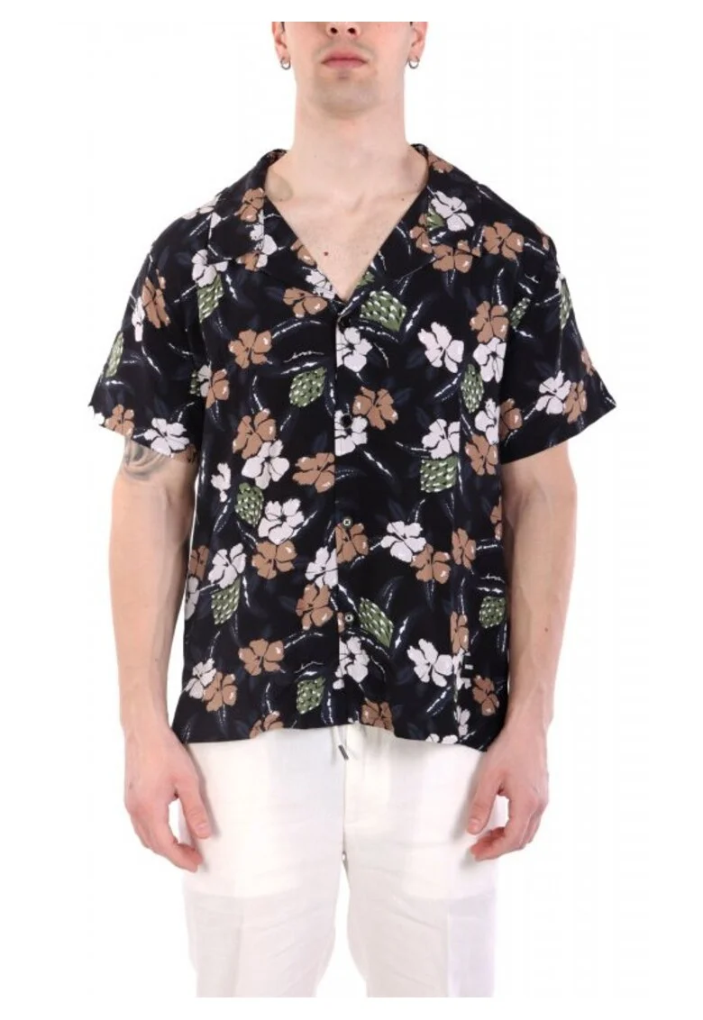 Camasa de plaja  imprimeu floral, negru, 100% viscoza