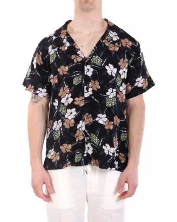 Camasa de plaja  imprimeu floral, negru, 100% viscoza