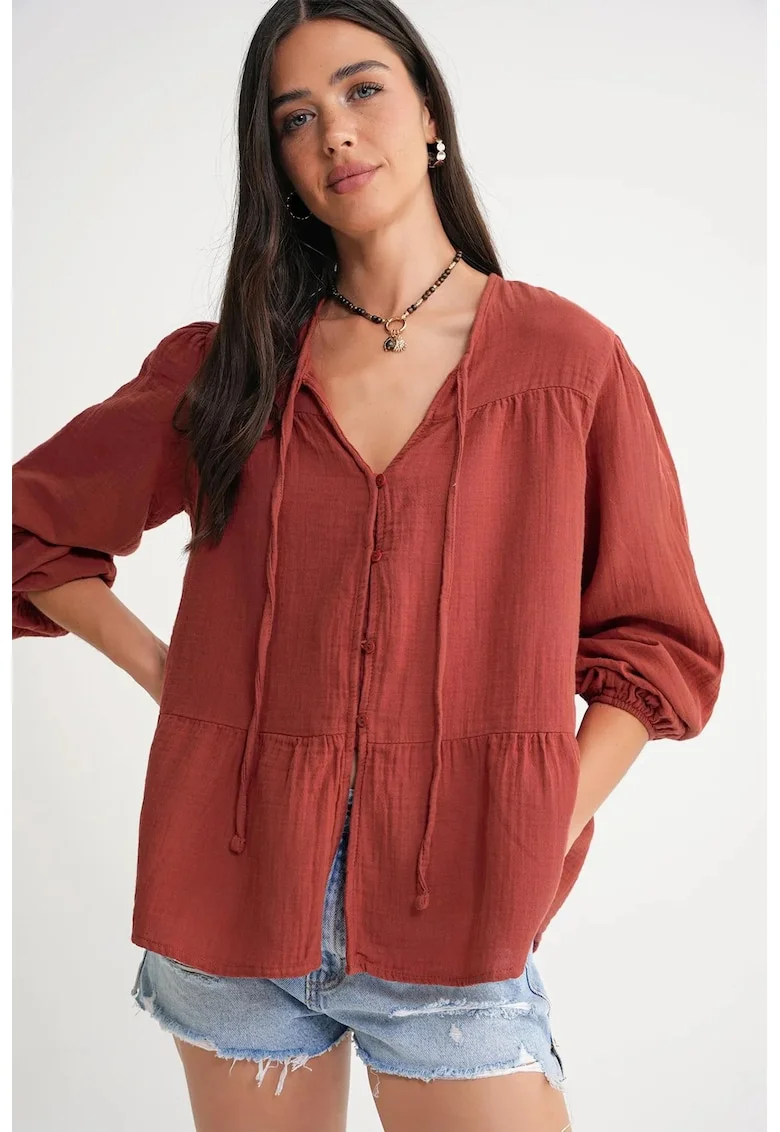 Camasa dama,  bluza cu maneca lunga, croiala lejera, rosu caramiziu, textil