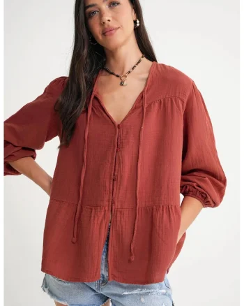 Camasa dama,  bluza cu maneca lunga, croiala lejera, rosu caramiziu, textil
