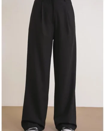 Pantaloni dama,  Palazzo, talie inalta, negru, textil