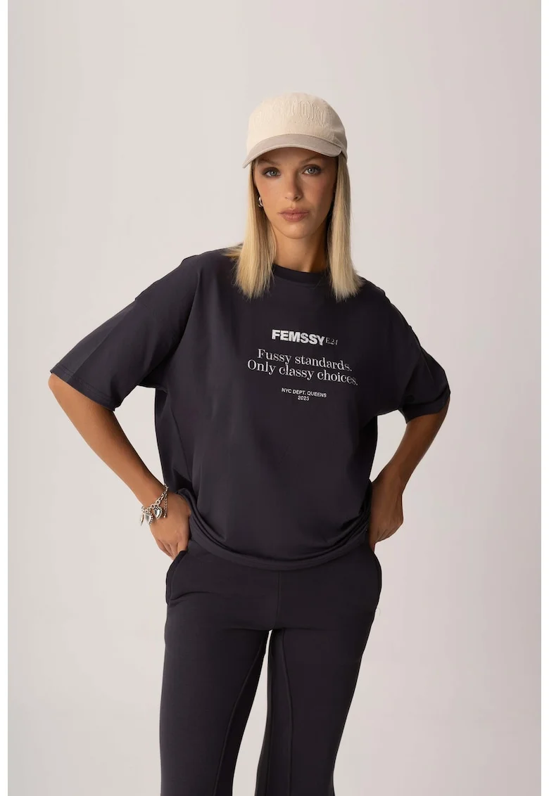 Tricou din bumbac cu imprimeu text Signa, Gri grafit