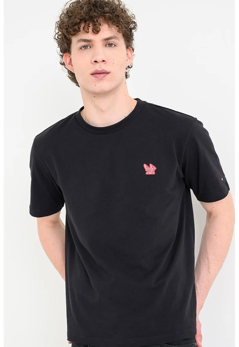 Tricou de bumbac cu monograma discreta, Negru