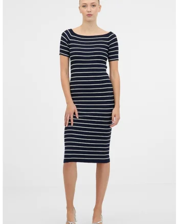 Rochie cambrata in dungi, Alb optic/Bleumarin