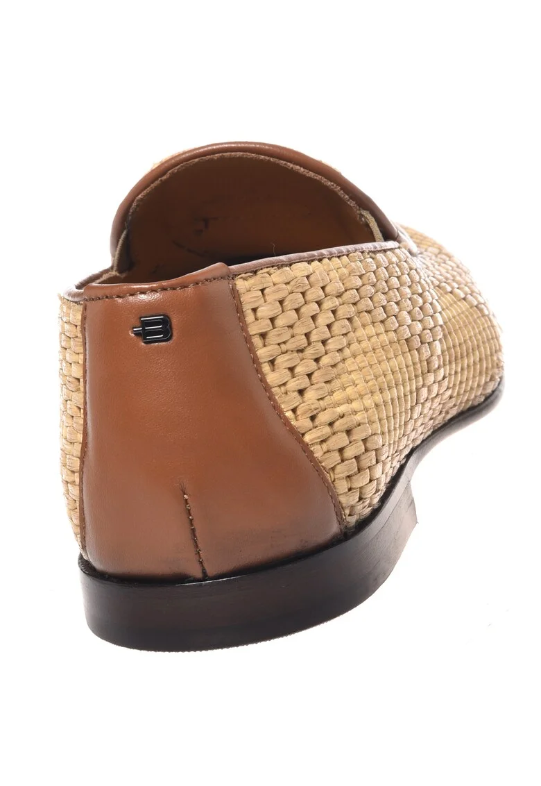 Pantofi loafer din rafie cu garnituri de piele, Bej