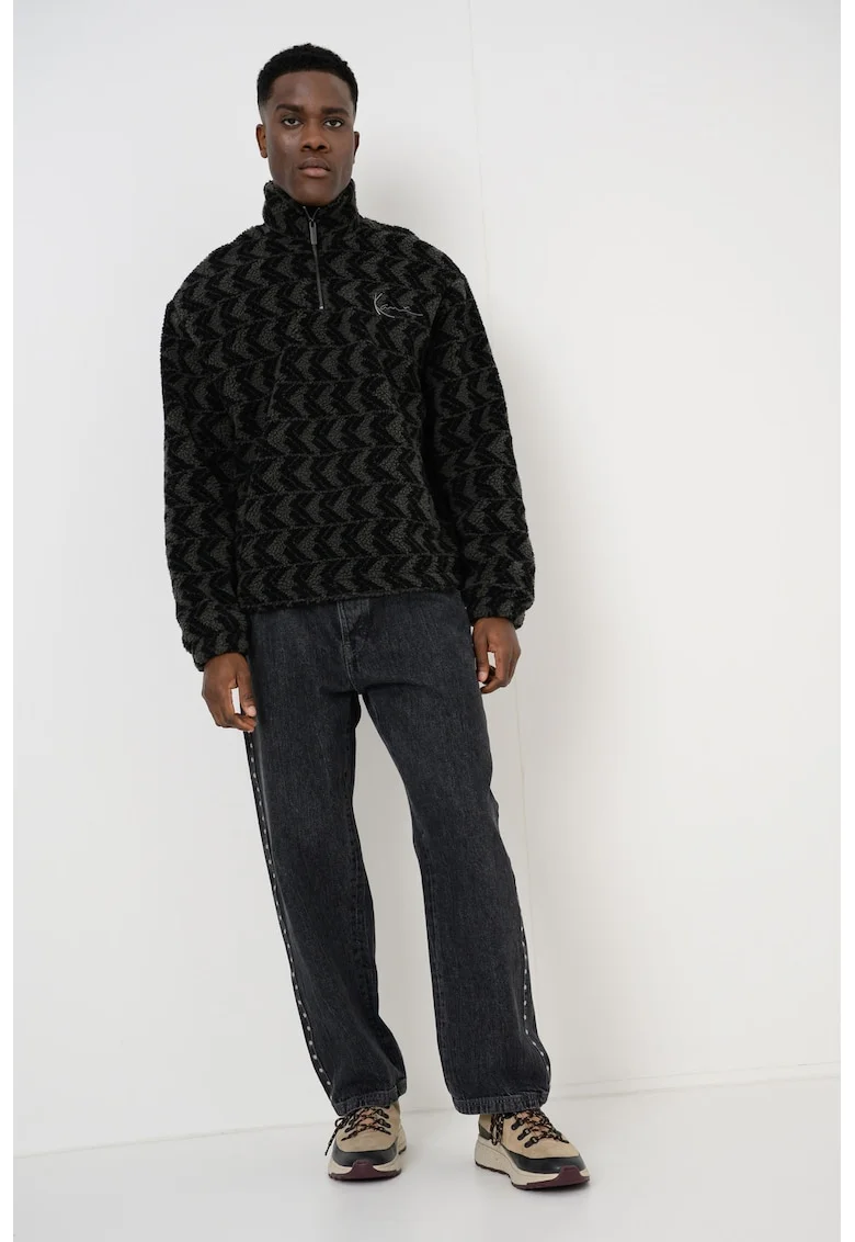 Bluza de trening din material teddy cu fermoar scurt, Negru/Gri