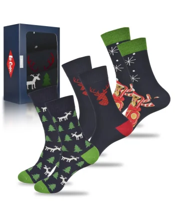 Set 3 Perechi Sosete Barbati,  Model de Craciun cu Ren, pentru Cadou, Marime