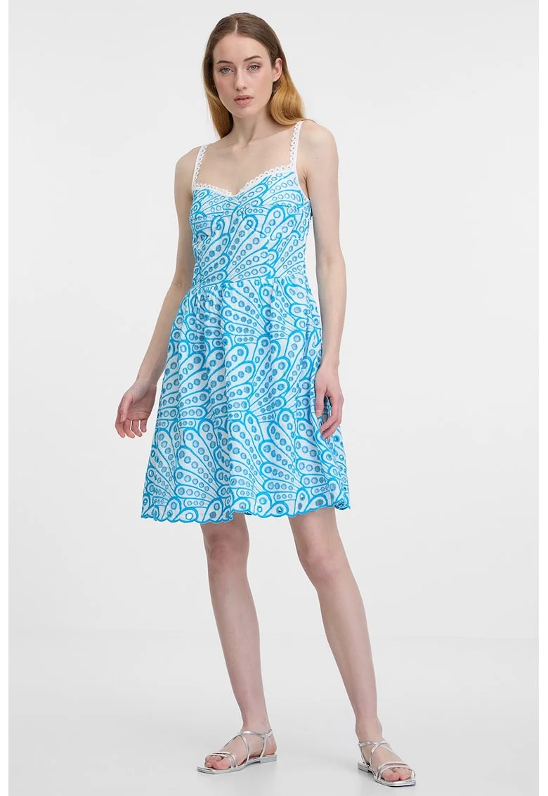 Rochie de bumbac cu broderie Sangallo, Alb/Albastru