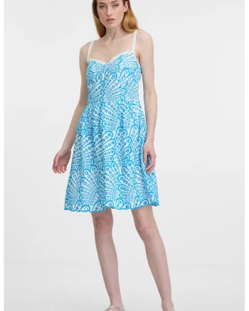 Rochie de bumbac cu broderie Sangallo, Alb/Albastru