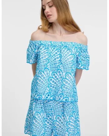 Bluza cu decolteu pe umeri si broderie Sangallo, Alb/Albastru