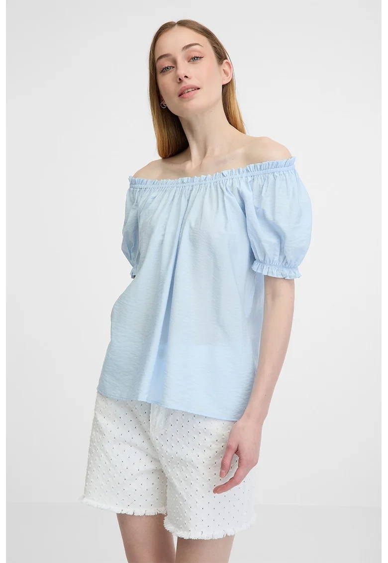 Bluza cu decolteu pe umeri si maneci bufante, Albastru pastel