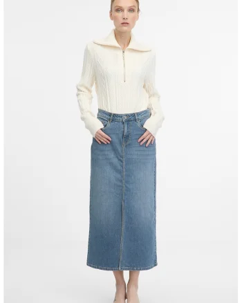 Fusta dreapta din denim cu slit frontal, Albastru prafuit