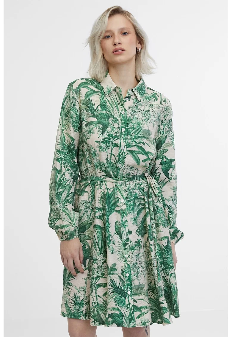 Rochie-camasa midi cu model tropical, Verde/Maro nisip