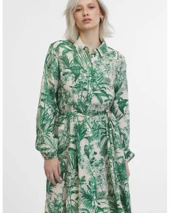 Rochie-camasa midi cu model tropical, Verde/Maro nisip