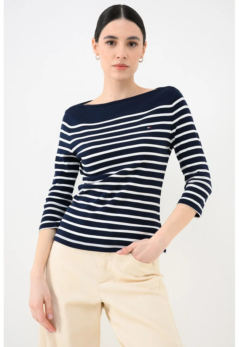 Bluza slim-fit de bumbac cu maneci trei sferturi, Alb optic/Albastru/Bleumarin