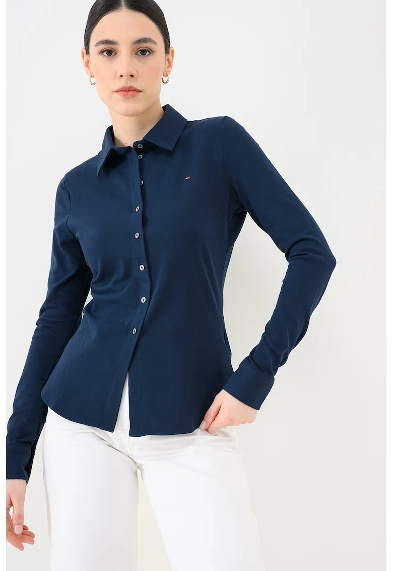 Camasa slim fit din material pique cu logo discret, Bleumarin