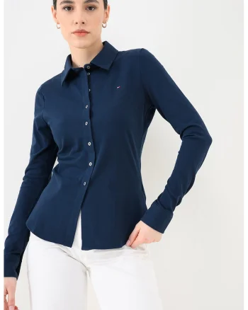 Camasa slim fit din material pique cu logo discret, Bleumarin