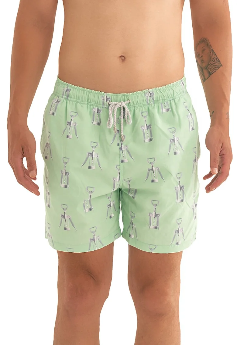 Pantaloni scurti de baie cu model si snur, Gri deschis/Verde pal