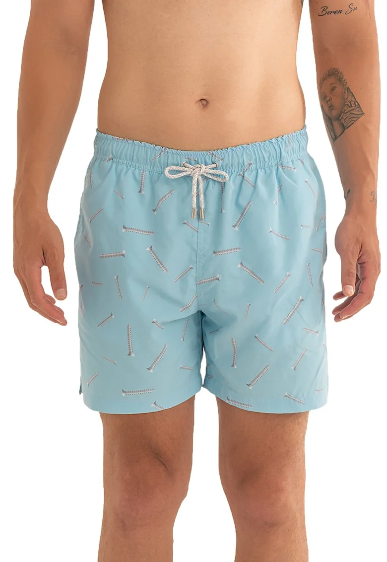 Pantaloni scurti de baie cu model si snur, Albastru deschis